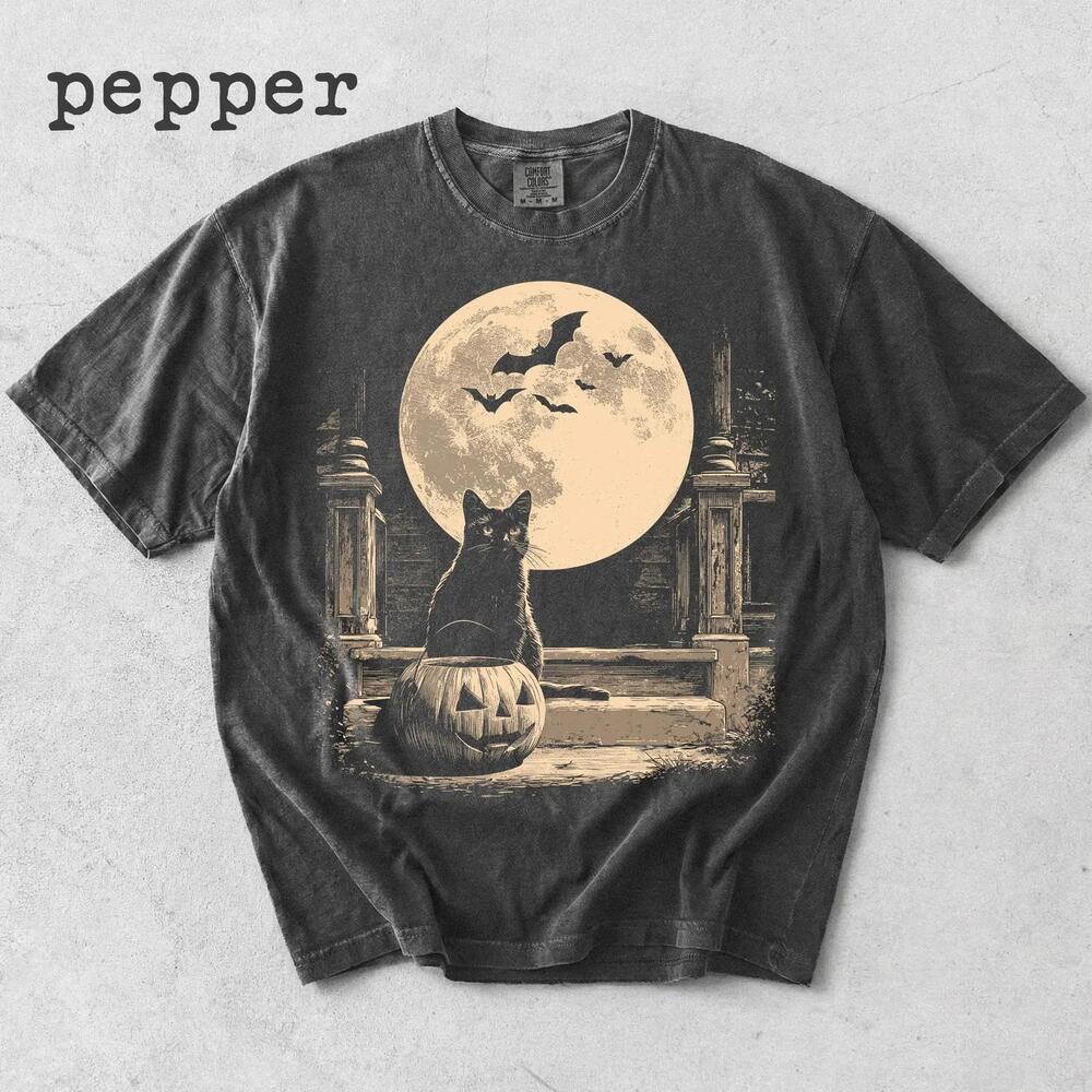 Black Cat Halloween T-Shirt, Funny Cat Pumpkin Graphic Tee